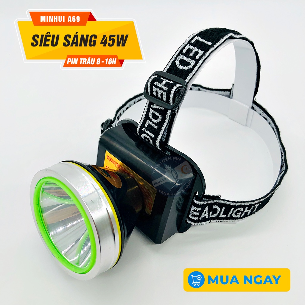 Đèn pin đội đầu siêu sáng 45W MINHUI A69 LED chiếu xa chống nước ánh sáng Vàng và Trắng đèn đeo đầu soi ếch dã ngoại