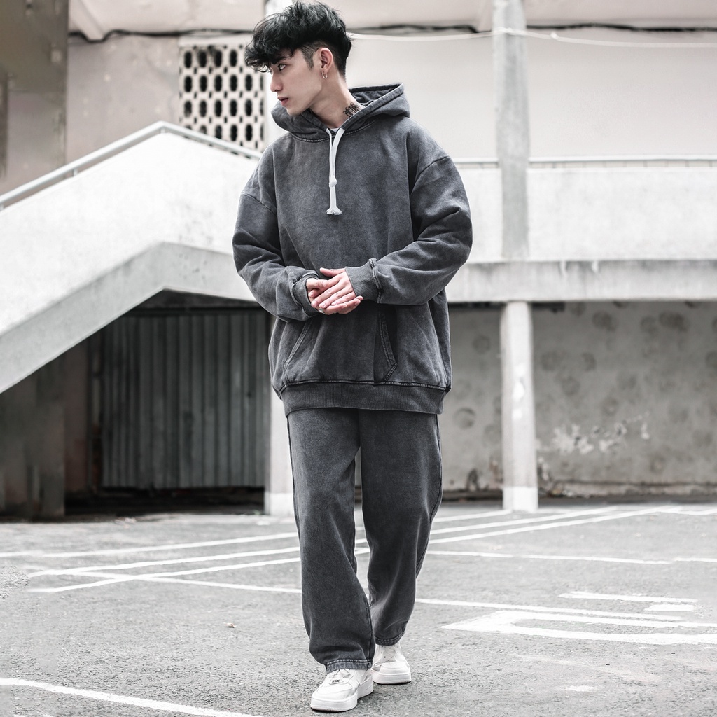 Áo Hoodie Wash Xám Trơn Unisex Chất Liệu 100% Cotton Dày Dặn Form Rộng Thoải Mái Phong Cách Đơn Giản