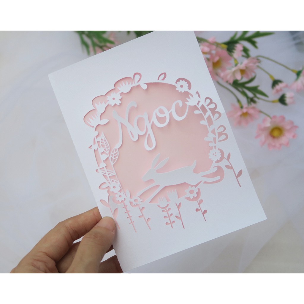 🌿Thiệp cắt giấy Tên riêng theo yêu cầu mẫu Thỏ ngọc RTG01