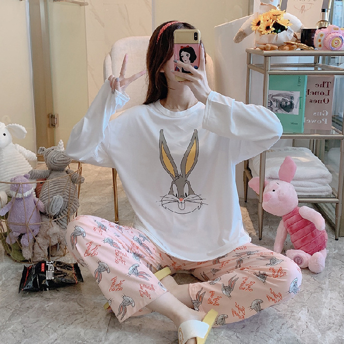 Bộ đồ ngủ gồm áo tay dài + quần dài form rộng in họa tiết hoạt hình trẻ trung | BigBuy360 - bigbuy360.vn