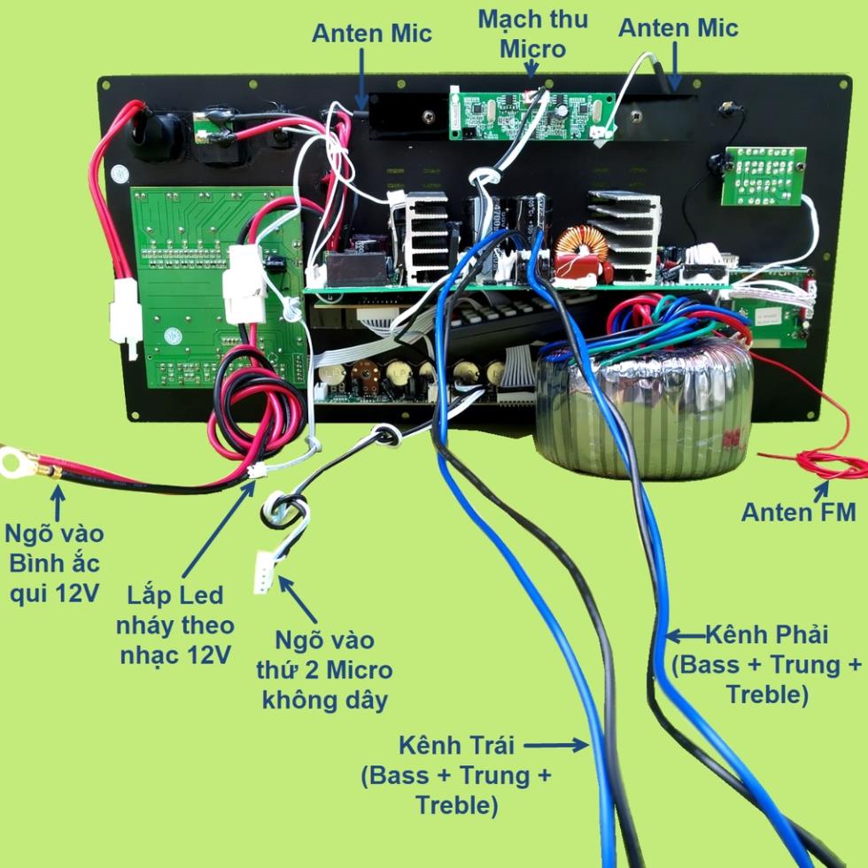 Mạch loa kéo 3 tấc đôi DSP Reverb Echo có chống hú - Equalizer 5 Band 2 kênh độc lập kèm Mic và kèm loa