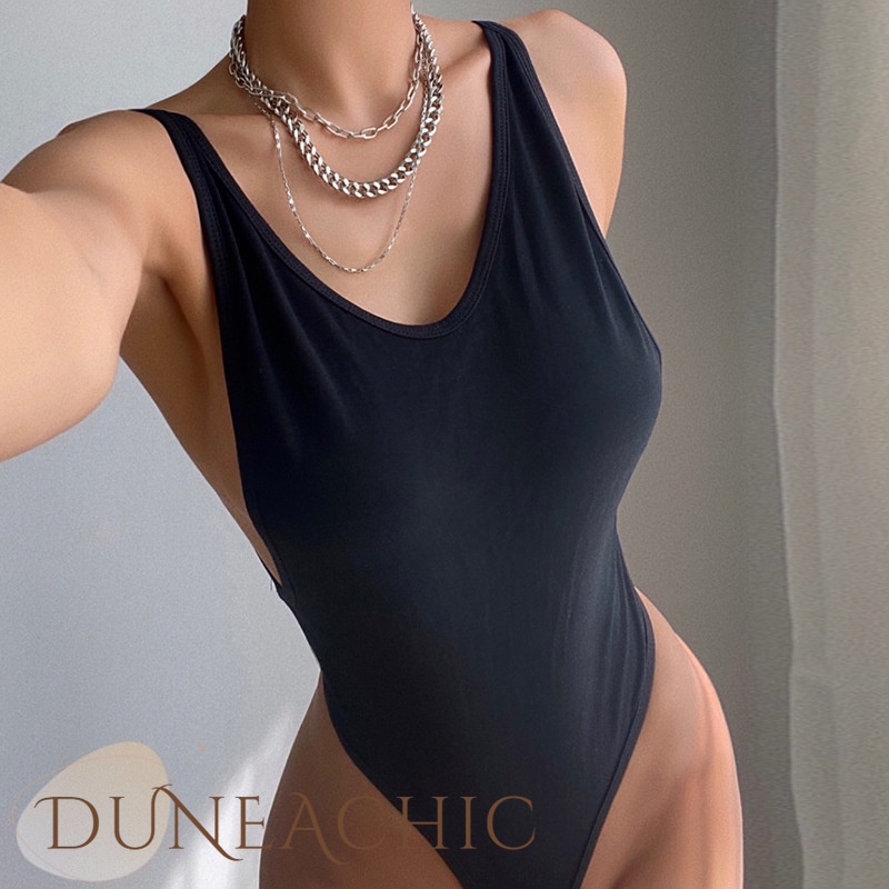 DUNEA Áo liền quần cổ chữ U hở lưng màu trơn quyến rũ cho nữ