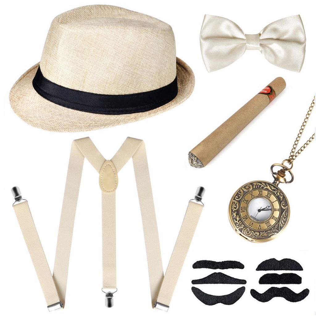 Gatsby Bộ Râu Giả Màu Đen Mũ Đội Có Dây Đeo Giả Xì Gà Retro