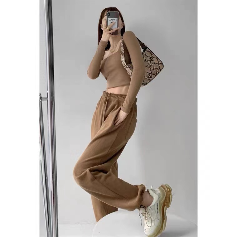 SUXI Quần dài nữ ống suông cạp thun màu trơn thời trang phong cách Hàn Quốc