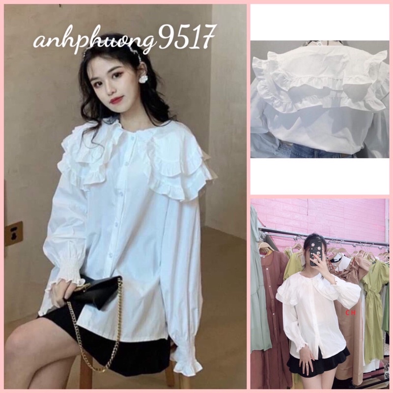 Sơ Mi Nữ Cổ Bèo Hai Tầng Tay Nhún Bo Chun🎀Áo sơmi tiểu thư tay phồng, babydoll mầu trắng sang chảnh Vintage công sở