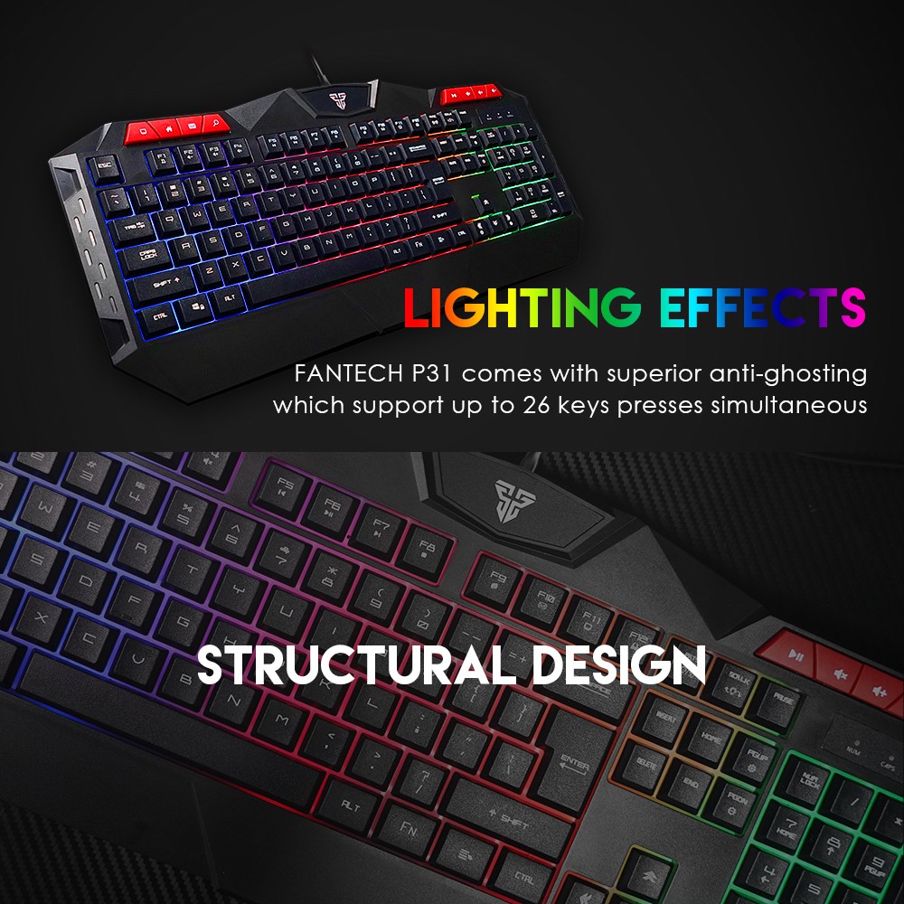 Combo Bàn Phím + Chuột + Lót Chuột Gaming FANTECH P31 GAMING POWER PACK Phím LED Backlit Rainbow  26 Phím Anti Ghosting