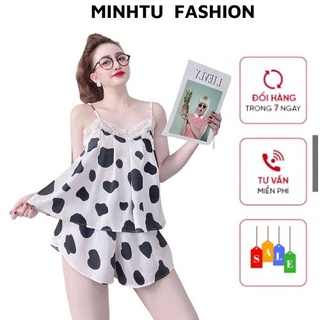 Đồ Ngủ Mặc Nhà Nữ, Đồ Bộ Ngủ Nữ Quần Đùi Lụa Satin Cao Cấp Mềm Mịn, Thoáng Mát, Hoạ Tiết Dễ Thương Đáng Yêu