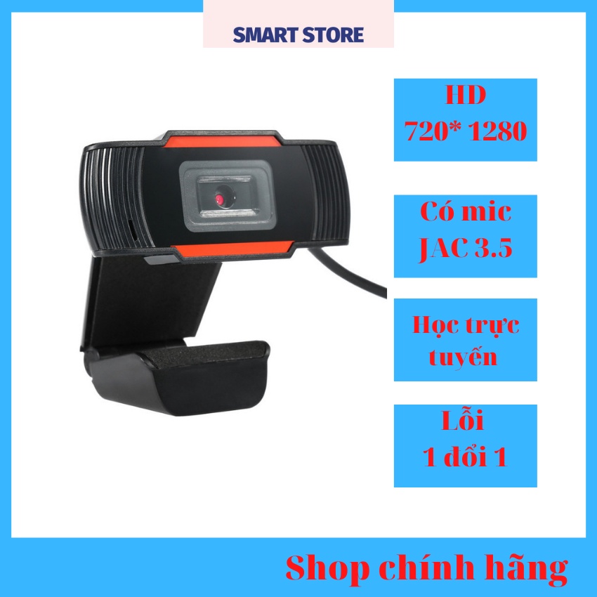 Webcam HD học trực tuyến, web	cam có mic và kẹp cố định, webcam pc : HD 1280P mic 2 cổng 1USB+ 1 JAC 3.5