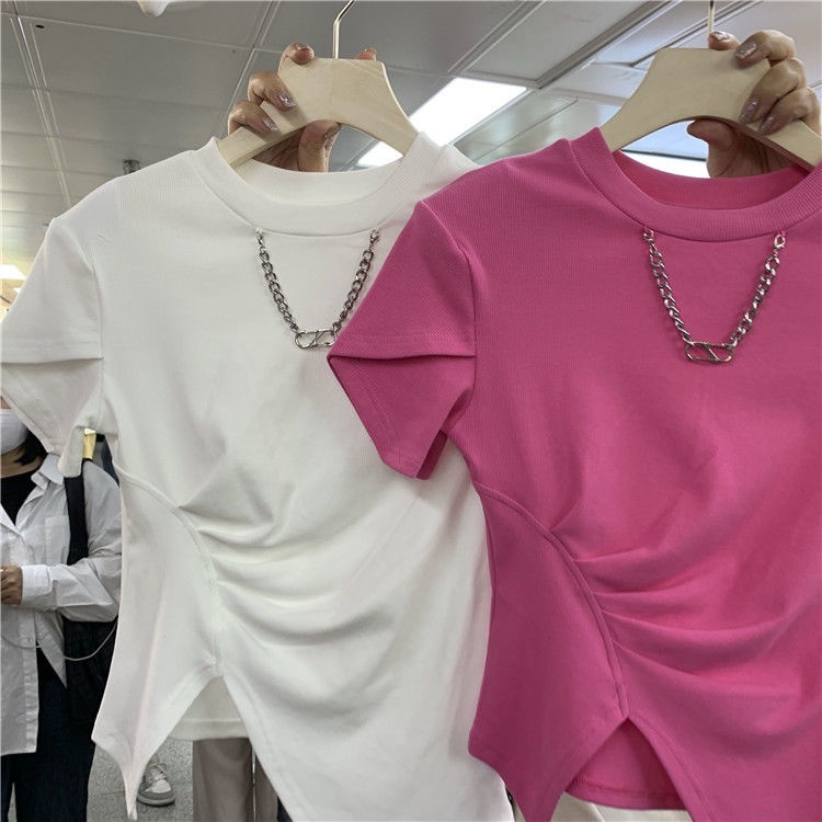 Áo Thun Ngắn Dáng Ôm Xẻ Tà Thời Trang Xuân Hè 2022 Phong Cách Mới Cho Nữ