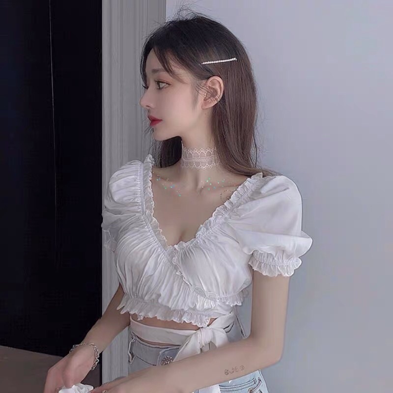 Hàng mới áo croptop bèo nhún tay ngắn cột nơ eo
