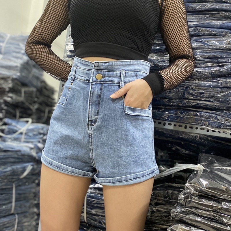 [Size 32~36] Quần Short Jean Xanh Trơn Bigsize - Lưng Cao - Co Giãn Mạnh - Quần Đùi Lưng Phối Thun