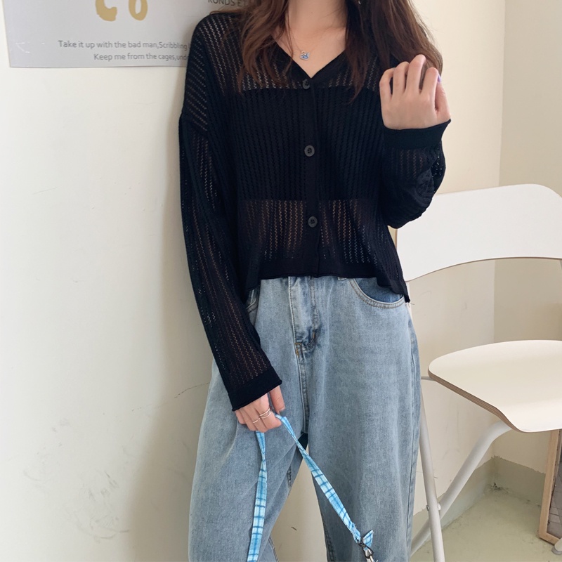 Phụ Nữ Mùa Hè Và Mùa Thu Mới Thời Trang Áo Cardigan Mỏng Cổ Chữ V Phong Cách Hàn Quốc Áo Ngắn