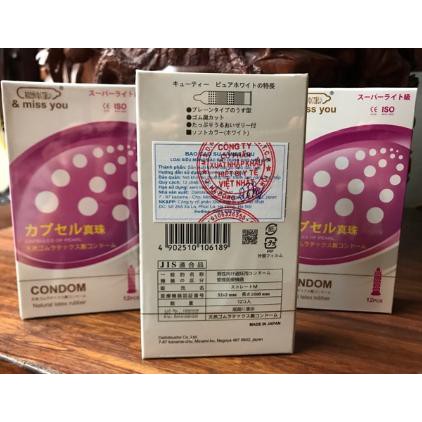 [Che tên] Hộp 12c Bao cao su siêu mỏng đặt biệt, Gân - Gai nổi - Mỏng Nhật bản, Miss You, Nhật Bản