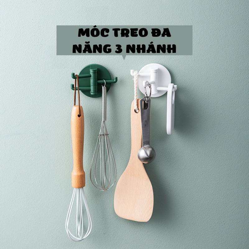 Móc treo đồ dán tường chịu lực siêu chắc chắn, Móc treo quần áo 3 nhánh nhỏ gọn xoay 180 độ đa năng tiện lợi