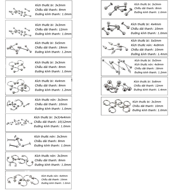 Set 85 Khuyên tai, môi, mũi, rốn Thép Titan 316L Không Rỉ - Bim's House