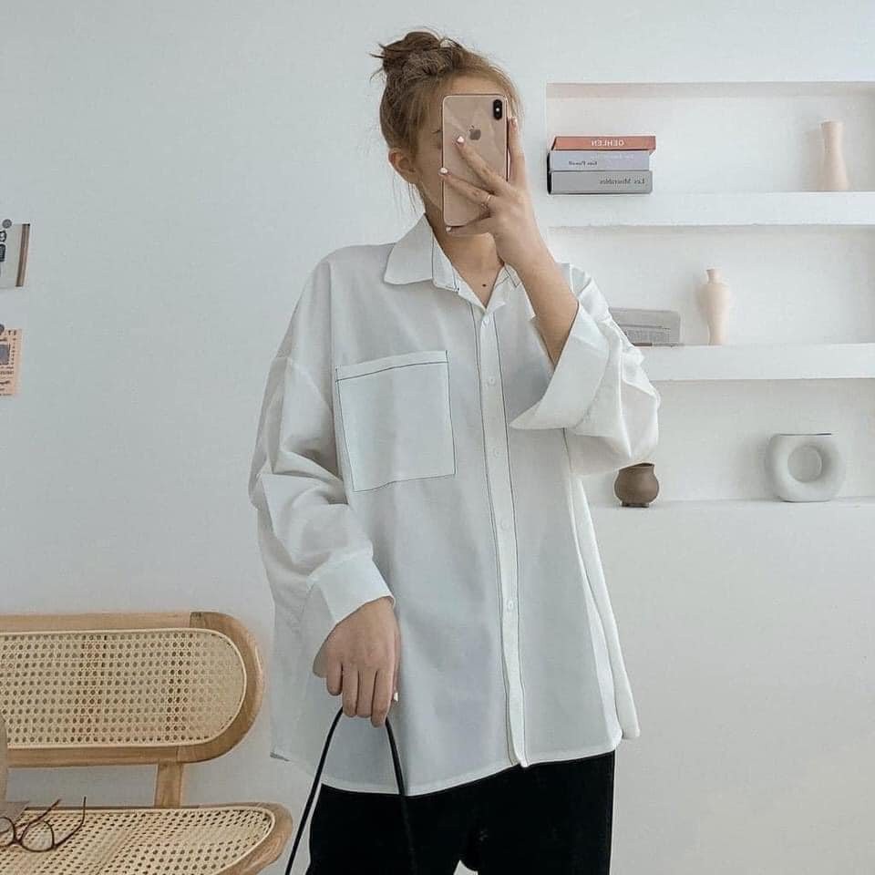 ÁO SƠ MI NỮ OVERSIZE VIỀN CHỈ NỔI DÁNG RỘNG TÚI NGỰC - ÁO SOMI TRẮNG ĐEN STYLE HÀN QUỐC