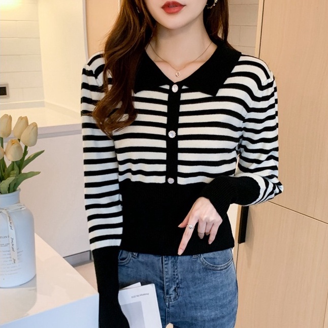 【ZHELIHANGFEI】Áo Sweater Cổ POLO Tay Dài Ôm Eo Họa Tiết Kẻ Sọc Phong Cách Sang Trọng