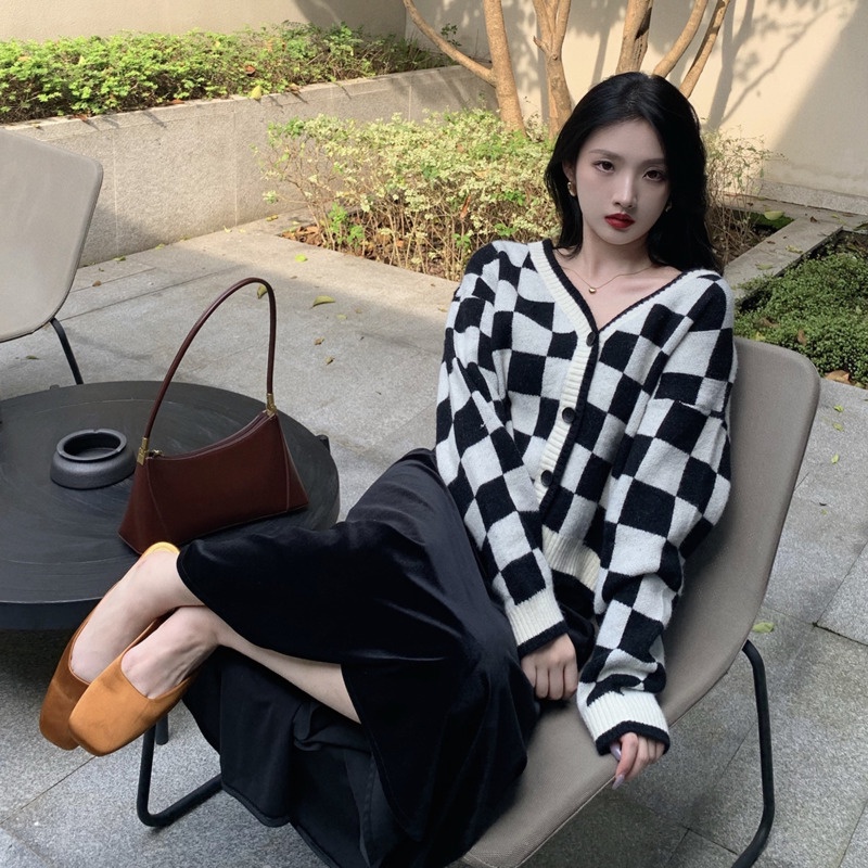 Áo khoác cardigan dệt kim cổ chữ V phong cách Hàn Quốc retro cho nữ