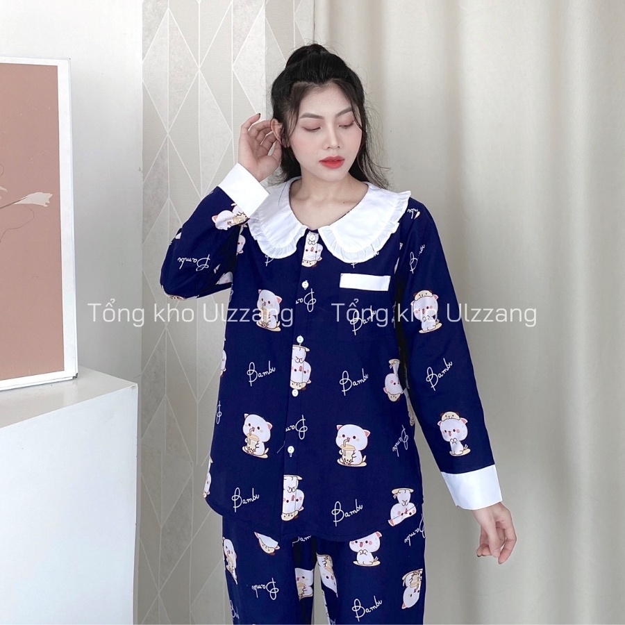 Bộ Pijama Dài Tay Quần Dài Phối Cổ Họa Tiết Dễ Thương Siêu Xinh