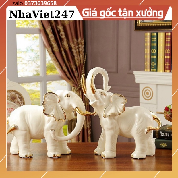 Bộ 2 Tượng Voi Bằng Gốm Sứ Trắng vẽ vàng,nghệ thuật Gốm Quảng Châu,DECOR trang trí,Bàn,Tủ,Kệ,quà tặng đẹp,ý nghĩa,giá rẻ