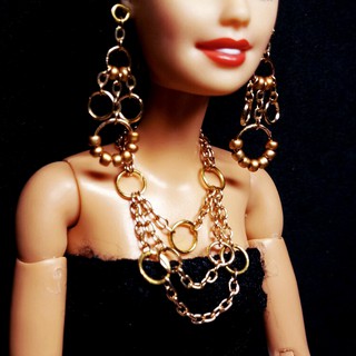 Phụ kiện Búp bê: Vòng cổ, bông tai Búp bê Barbie Handmade chất liệu xích và khoen mạ vàng, Bộ Trang sức mini tự làm
