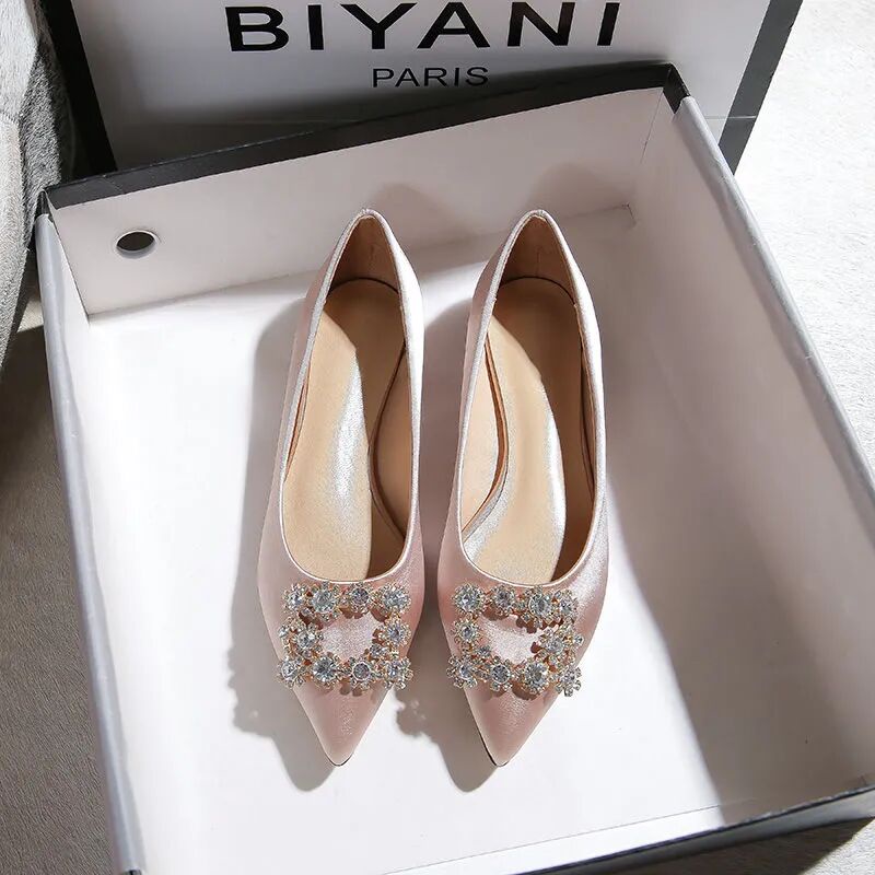 Giày bệt nữ Giày Búp Bê Mũi Nhọn Bằng Satin Đính Đá Ngọc Trai Sang Trọng Cho Cô Dâu Cỡ 33-44