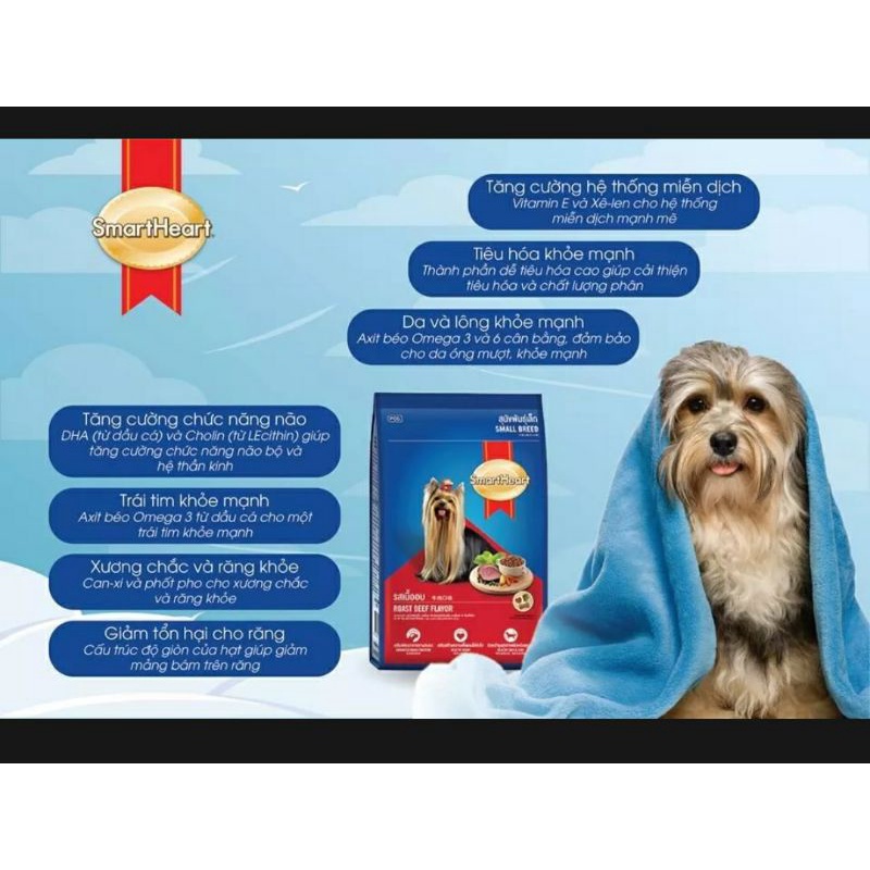 Thức ăn cho chó giống nhỏ - Túi 3kg thức ăn hạt cao cấp Smartheart smallbreed vị thịt bò nướng!!! Huơng vị thơm ngon