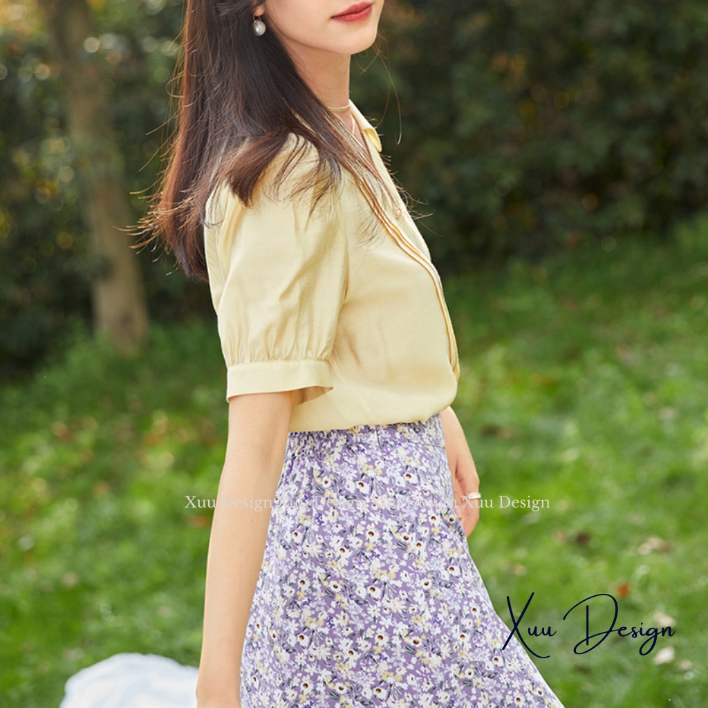 Áo sơ mi nữ kiểu thiết kế Xuu, thiết kế tay ngắn cổ V thanh lịch, chất vải mềm mại chống nhăn - SP46