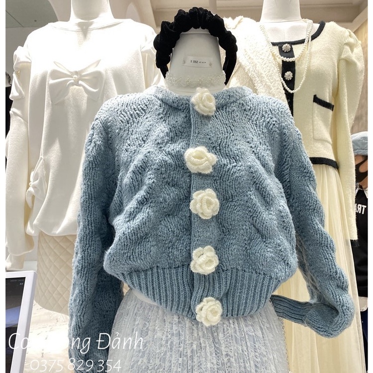 [ORDER] Áo len cúc hoa cổ tròn tay bồng nhẹ xinh Hàn Quốc móc thủ công sợi thưa Quảng Châu AO020 | BigBuy360 - bigbuy360.vn