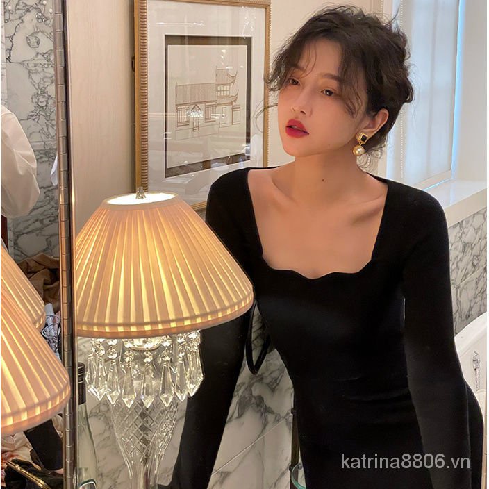 Đầm dệt kim dài dáng ôm eo cao thanh lịch thời trang thu đông phong cách Pháp