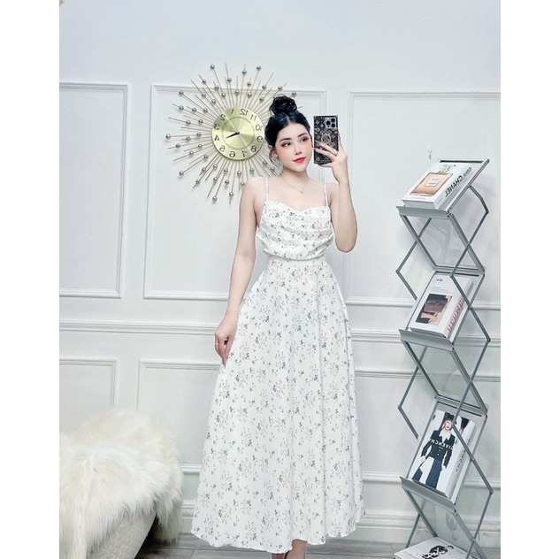 MAXI 2 DÂY CỔ ĐỔ VÁY HOA (SẴN MÚT NGỰC )FREESIZE