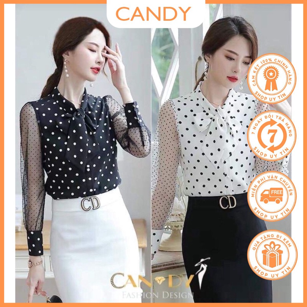 Áo sơ mi nữ kiểu công sở dài tay họa tiết chấm bi đen trắng tay voan cổ nơ SM199 Candy Fashion