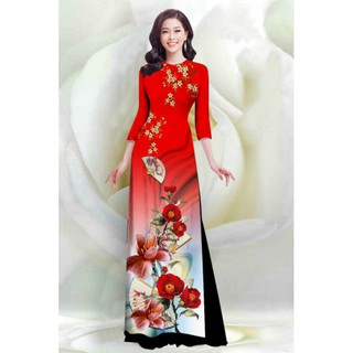 SÉT ÁO DÀI LỤA TRUYỀN THỐNG IN HOA SỨ QUẠT 4D