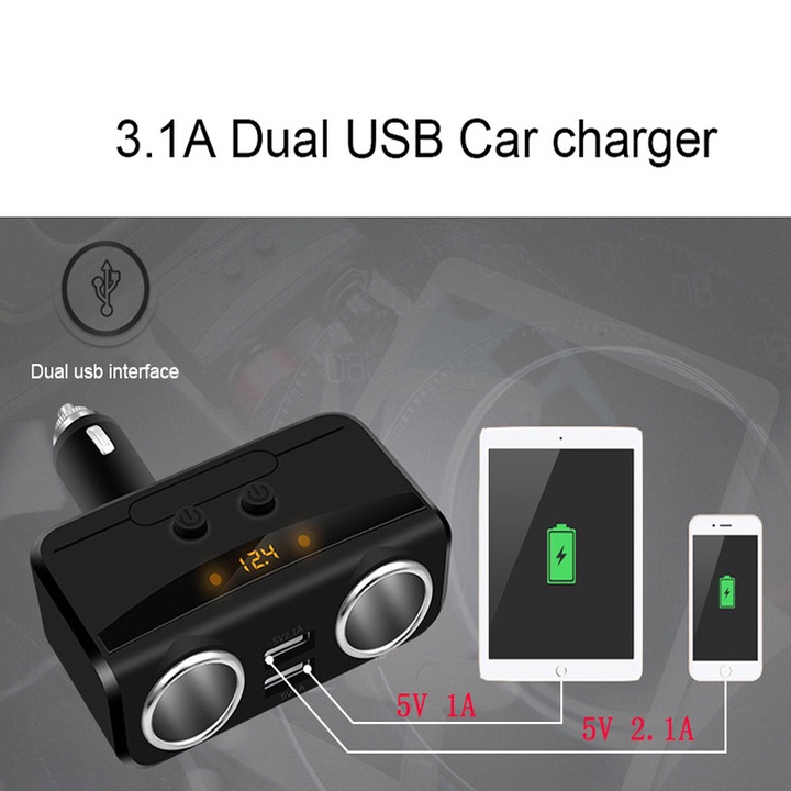 Bộ chia tẩu sạc ô tô nhãn hiệu Hyundai HY-32: Sạc nhanh Quick 3.0, điện áp 3.1A, 2 cổng USB