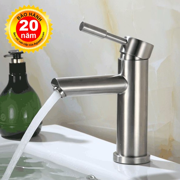 Vòi Lavabo nóng lạnh (trụ tròn, vòi thẳng) SUS304 - Hàng Cao cấp ITALIA (Kèm đôi dây cấp nước)