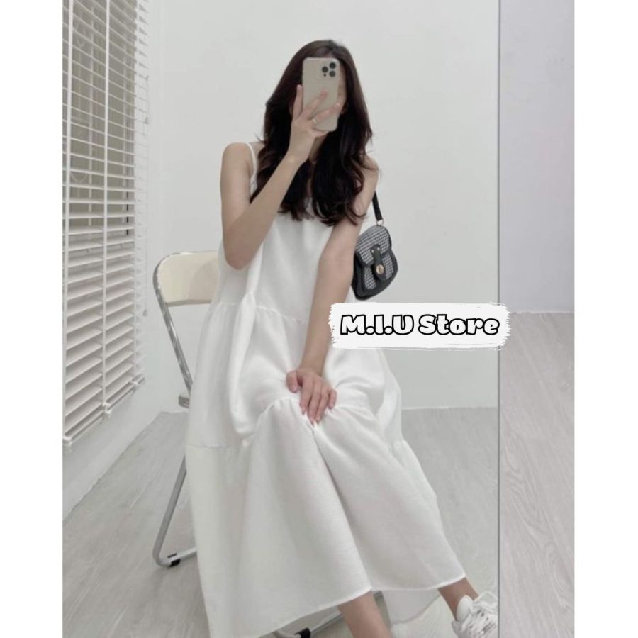 Váy đầm hai dây maxi xòe tầng đi biển dáng babydoll rộng chất đũi mềm mát