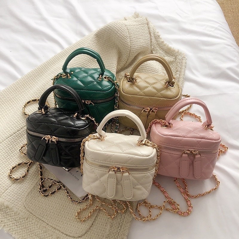 Túi Cốp Nữ Mini Trần Trám, Túi Nữ Đeo Chéo Dây Phối Xích Hàng Qc