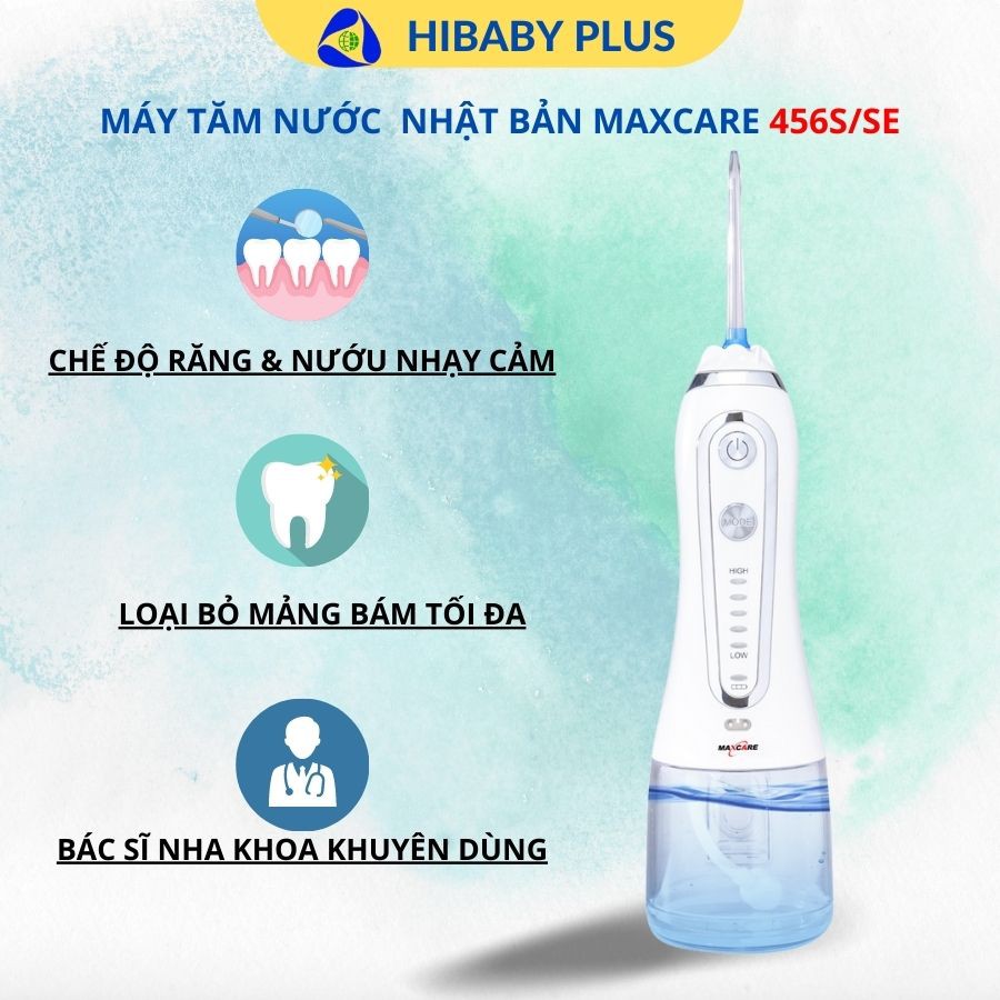 Máy tăm nước siêu âm Nhật Bản Maxcare 456Plus / 456S, vệ sinh răng miệng giúp răng chắc khỏe - Tặng cạo lưỡi Okamura