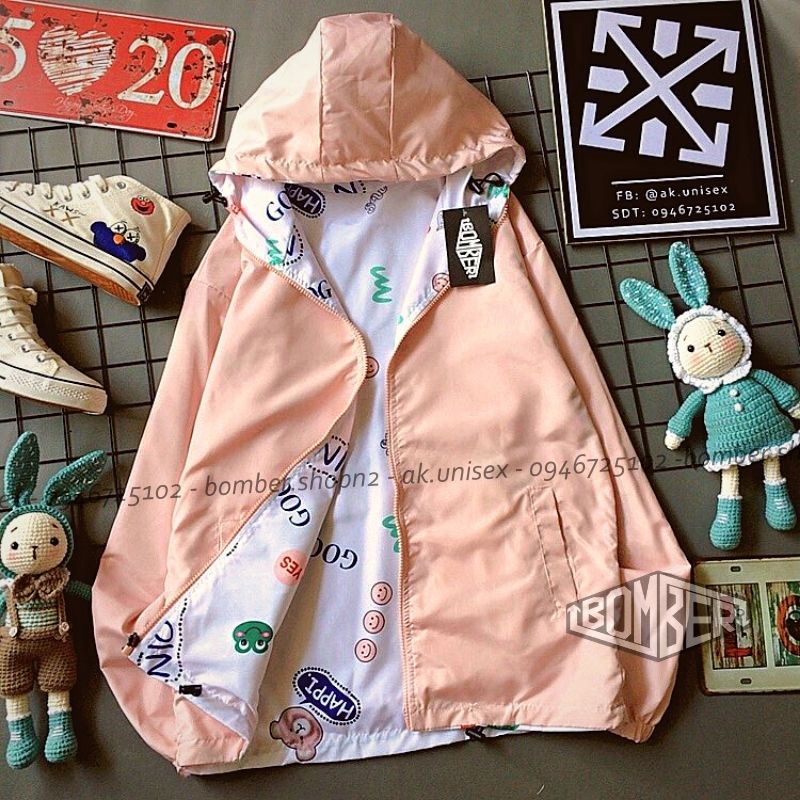 [Ảnh + video thật] Áo khoác dù 2 mặt nữ style cute phối hình in cực đáng yêu (Freesize - 2 mặt)