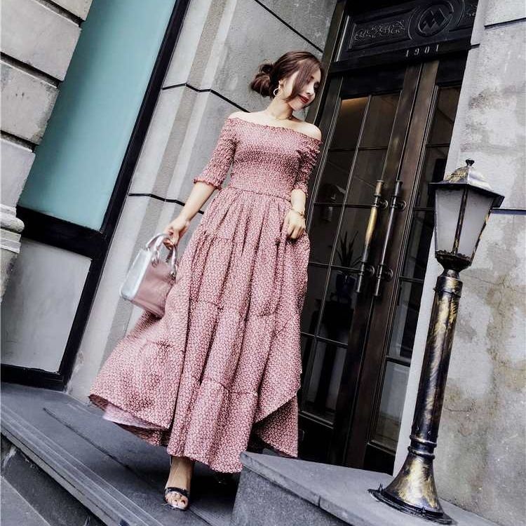 Đầm Maxi Chất Chiffon Hoạ Tiết Hoa Thiết Kế Trễ Vai Nữ Tính