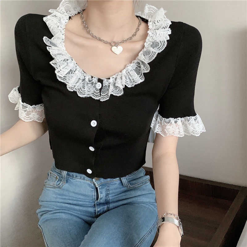 Áo Cardigan Dệt Kim Tay Ngắn Dáng Ôm Phối Ren Mỏng Lưng Cao Thời Trang Mùa Hè Phong Cách Hàn Quốc Cho Nữ