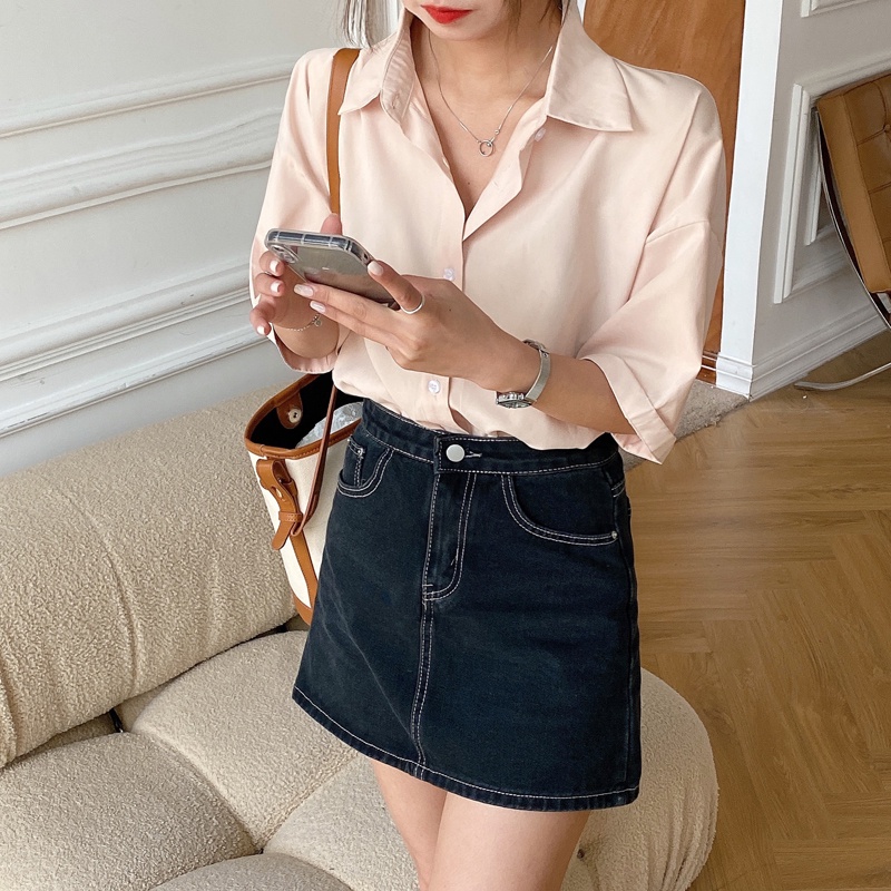 Áo Sơ Mi Tay Ngắn Dáng Rộng Màu Trơn Phong Cách Retro Cho Nữ