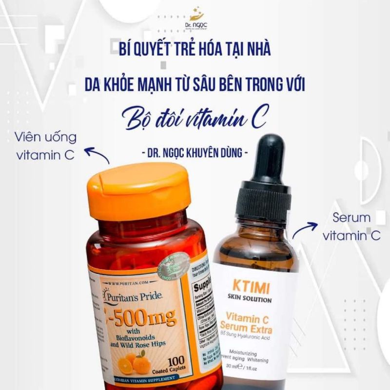 Combo bộ đôi kết hợp giữa serum VTM C KTIMi và viên uống VTM C PURITAN'S Pride giúp giảm thâm sáng da từ trong ra ngoài.
