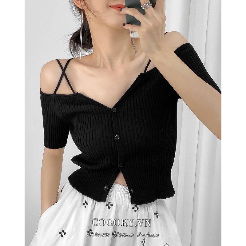 Cocory vn Áo croptop dệt kim tay ngắn trễ vai thiết kế ôm sát quyến rũ
