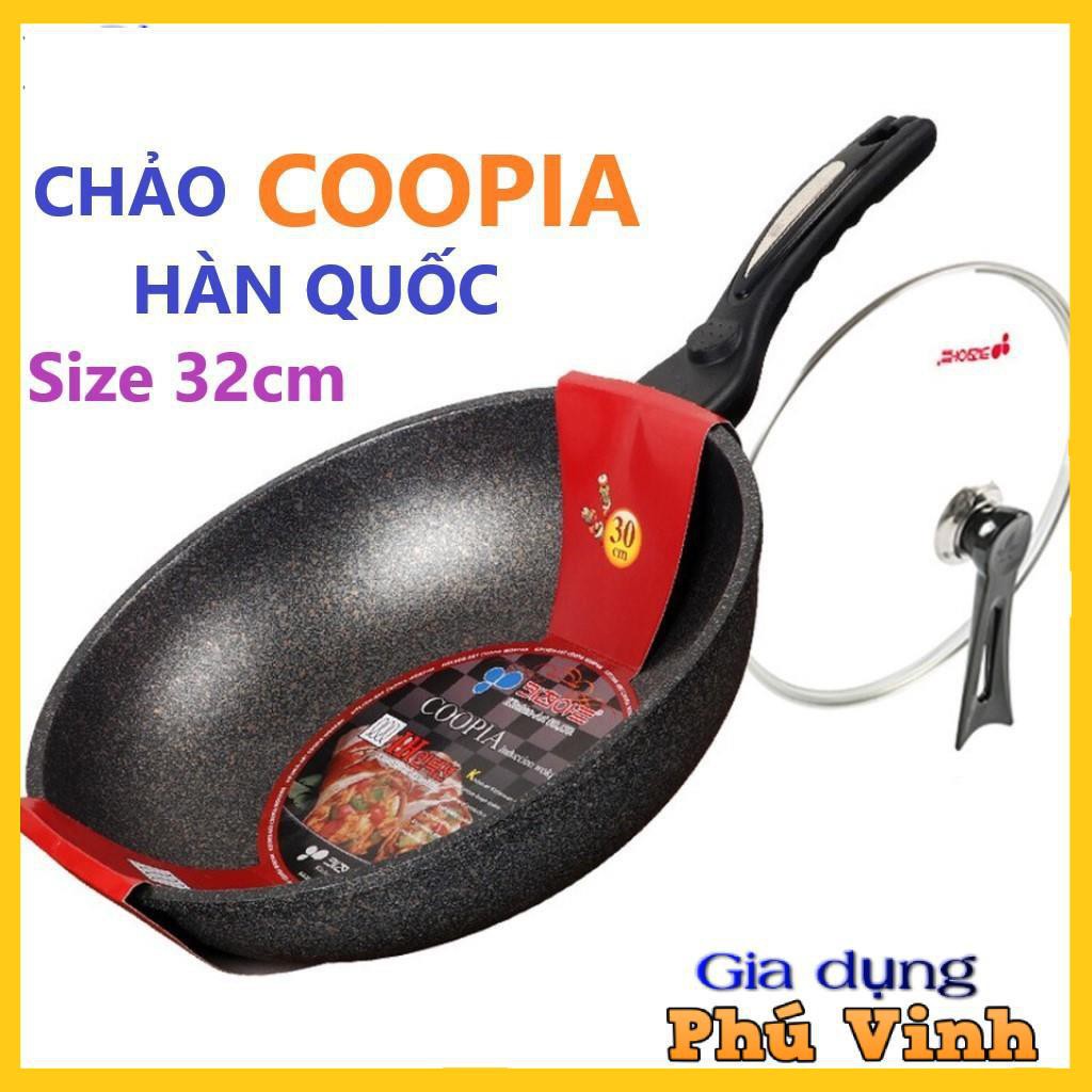 Chảo Chống Dính - Chảo Đá Sâu Coopia Hàn Quốc Siêu Bền Có nắp kính rộng 32cm - Tặng kèm thìa gỗ đảo thức ăn