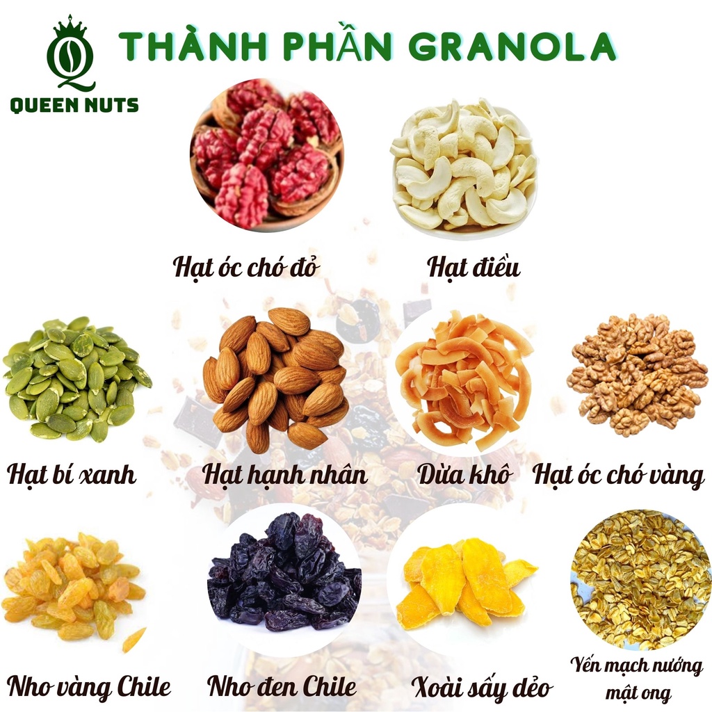 500g Ngũ cốc không yến mạch thơm giòn/ Granola siêu hạt nướng mật ong ăn sáng,ăn vặt QUEEN NUTS