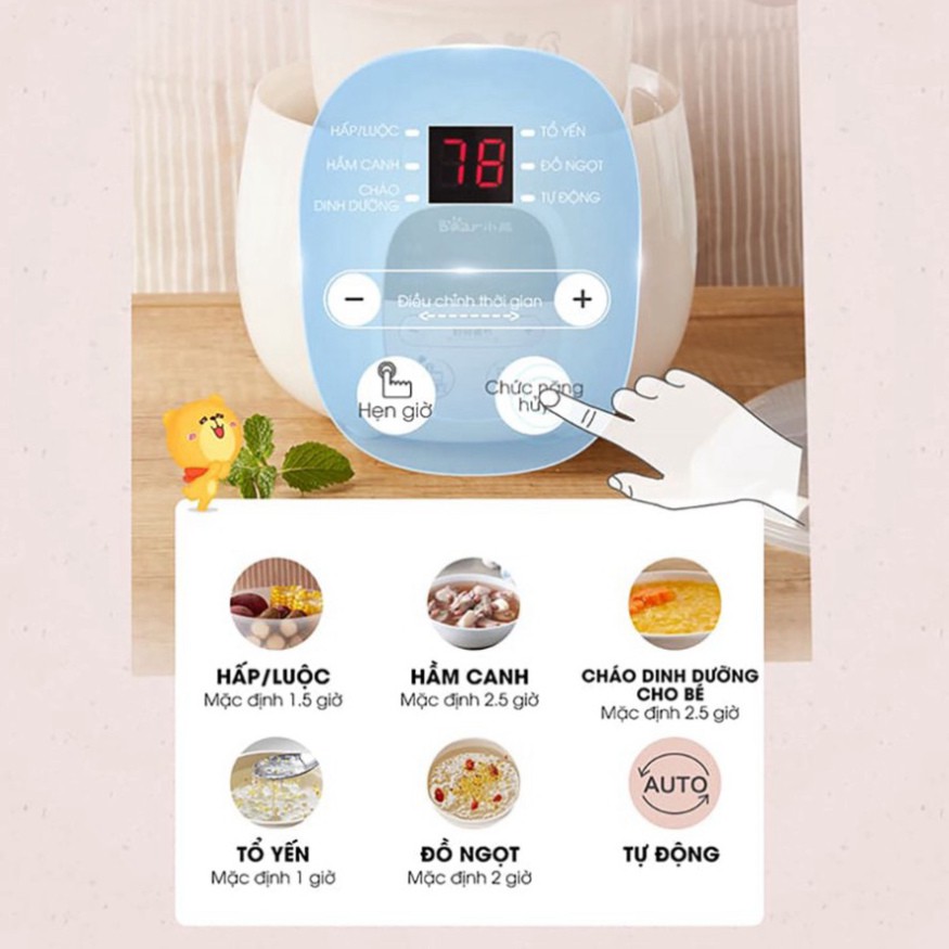 Nồi nấu cháo chậm đa năng Bear 0,8L SUBE001 có lồng hấp- Hàng quốc tế Bảo Hành 12 tháng chính hãng