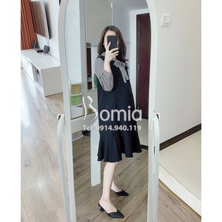 Váy bầu đen tay kẻ caro