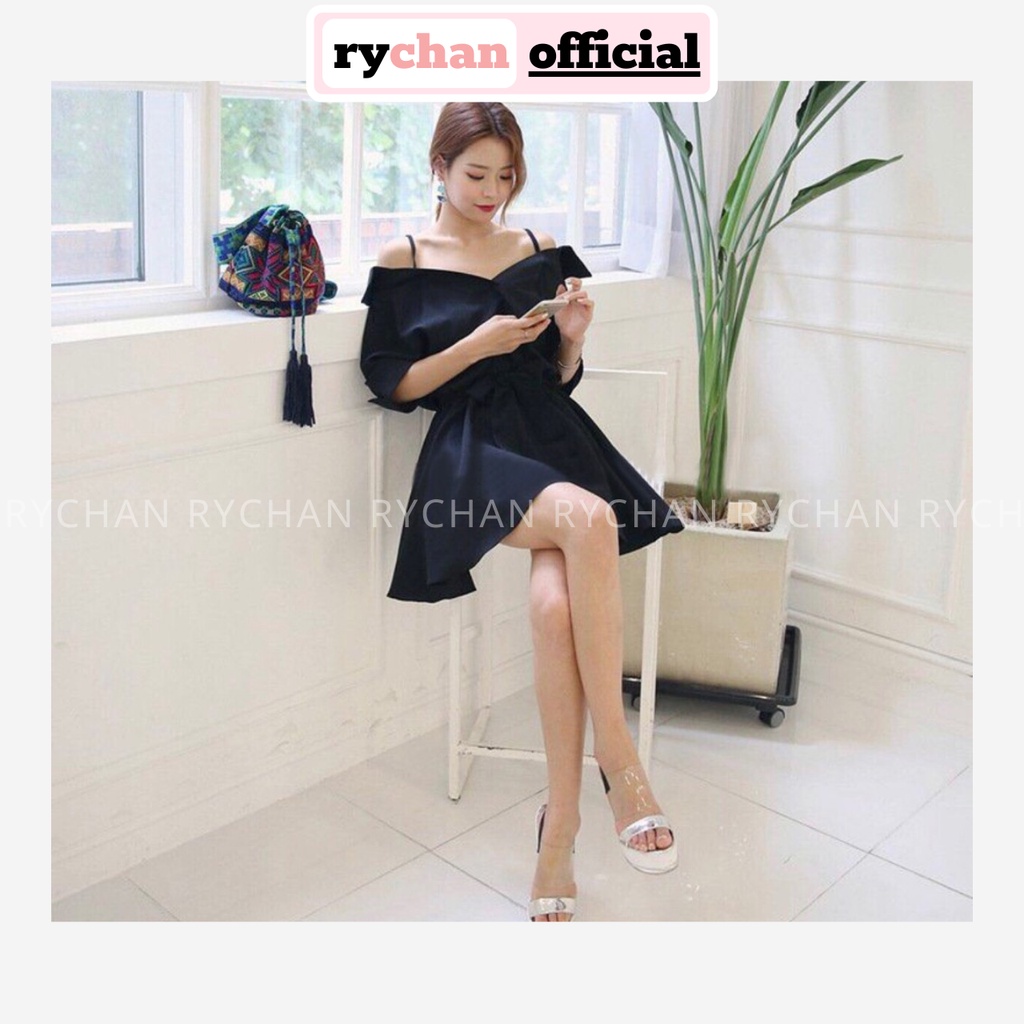 DX257 - Đầm Xòe Đen Trễ Vai 2 Dây Nơ Eo