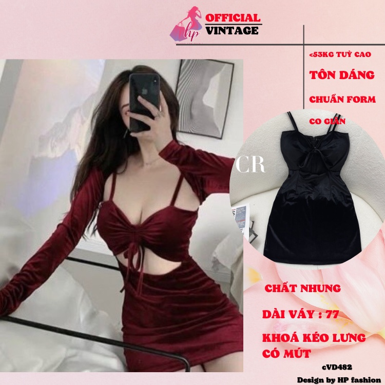 Đầm 2 dây nhung, váy nữ dáng ngắn sang chảnh dự tiệc kiểu hàn quốc VD482